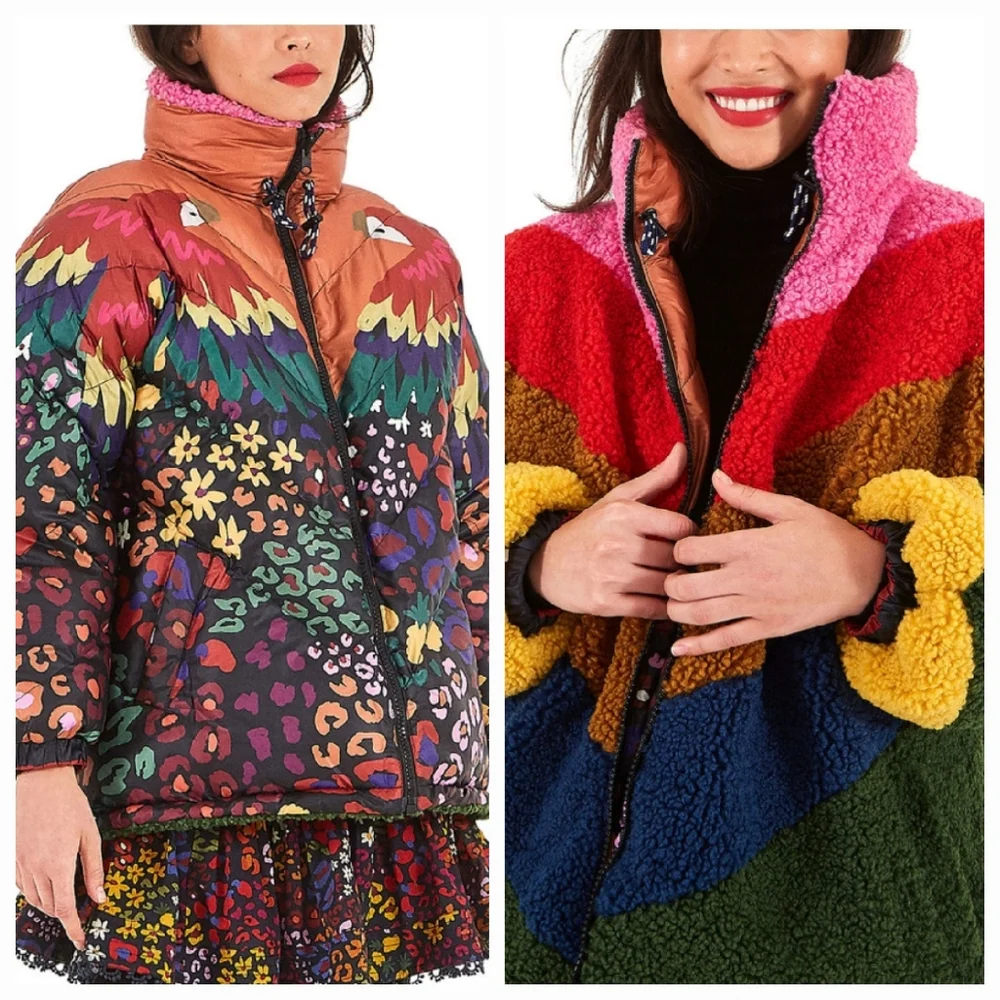 Farm Rio Macaw-Print Faux-Shearling Puffer Jacket - Picture 1 of 6